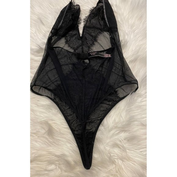 Victoria’s Secret XL Black Thong Sheer Lace Teddy Bodysuit Floral Sexy - Picture 5 of 8